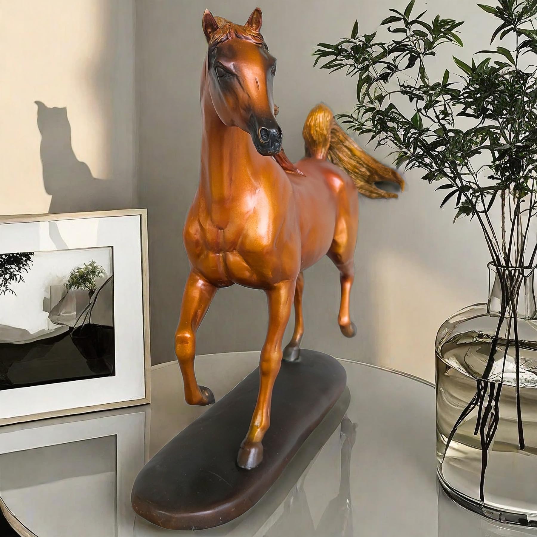 Arabian stallion bronze sculpture in gold-brown finish left side view showing galloping pose