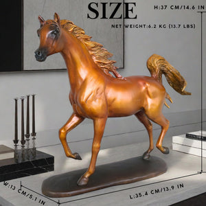 Arabian stallion bronze sculpture in gold-brown finish displayed in living room beside framed art