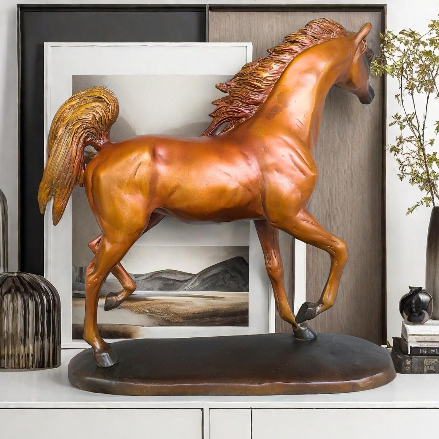 Arabian stallion bronze sculpture gold-brown finish right side view displaying detailed mane and tail