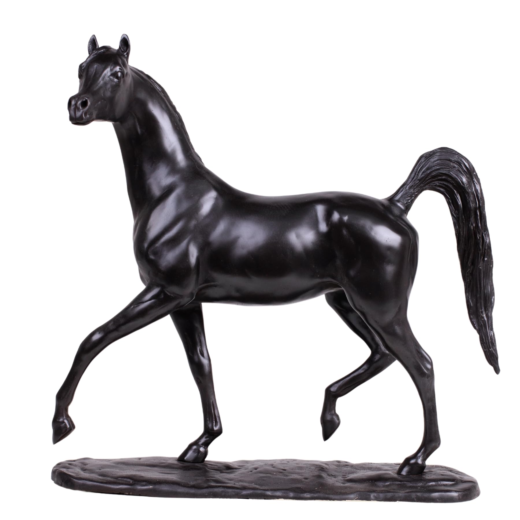 Midnight black Arabian stallion bronze sculpture front view on white background, standing pose