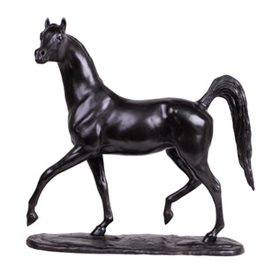 Midnight black Arabian stallion bronze sculpture front view on white background, standing pose