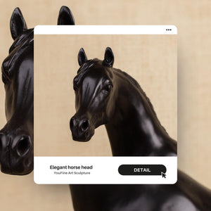 Midnight black Arabian stallion bronze sculpture product feature card displayed on books