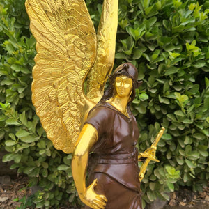 Base detail of 34-inch Athena angel wings bronze sculpture showing round pedestal and patina finish