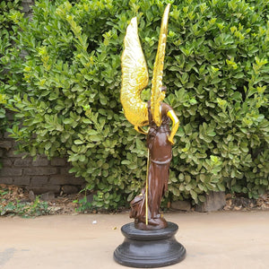 Right angle view of 34-inch Greek goddess Athena bronze statue with gold wings outdoors