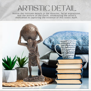 Atlas bronze sculpture artistic detail muscles facial expression earth texture displayed beside books mug and plants