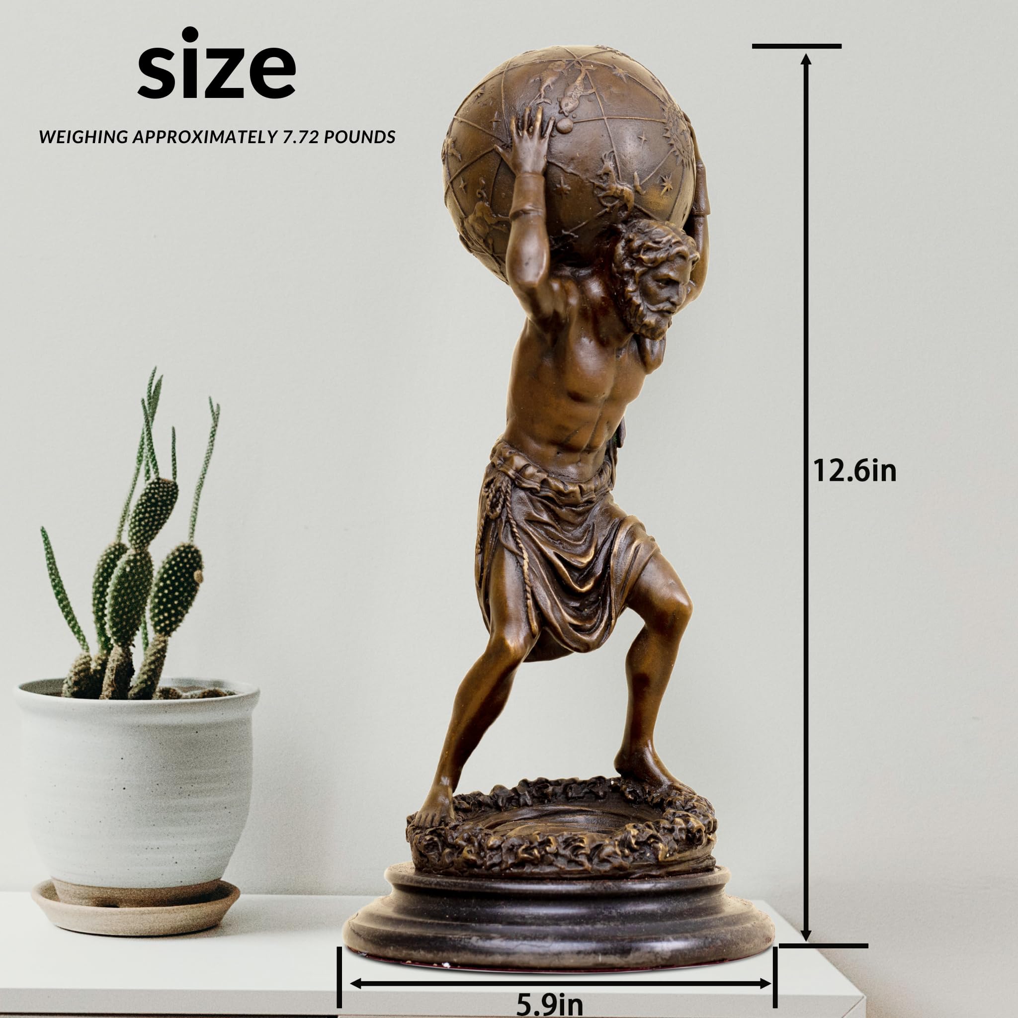 Atlas bronze sculpture symbolize artistic detail display beside plant white background