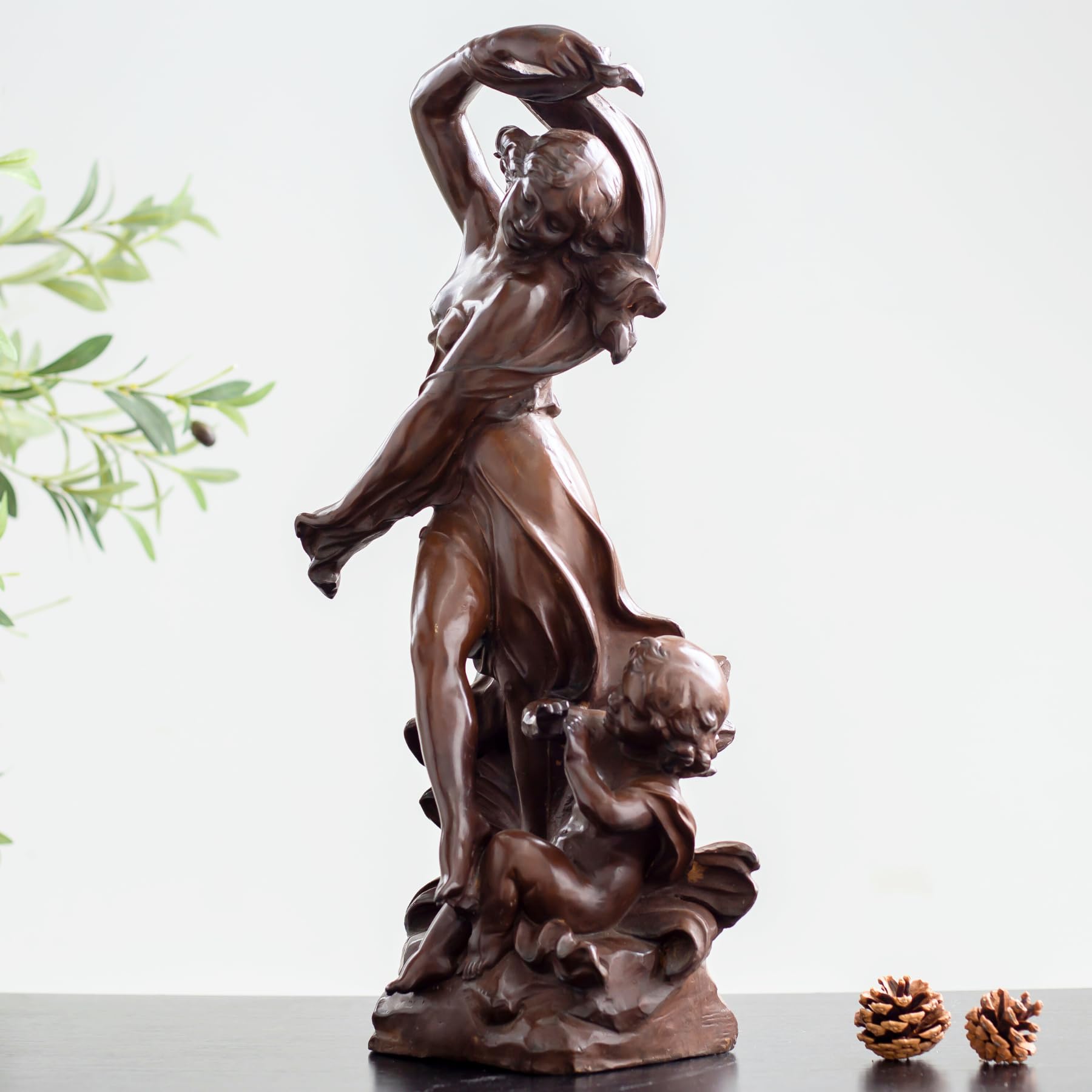 Auguste Moreau bronze mother baby angel sculpture dark brown patina front view
