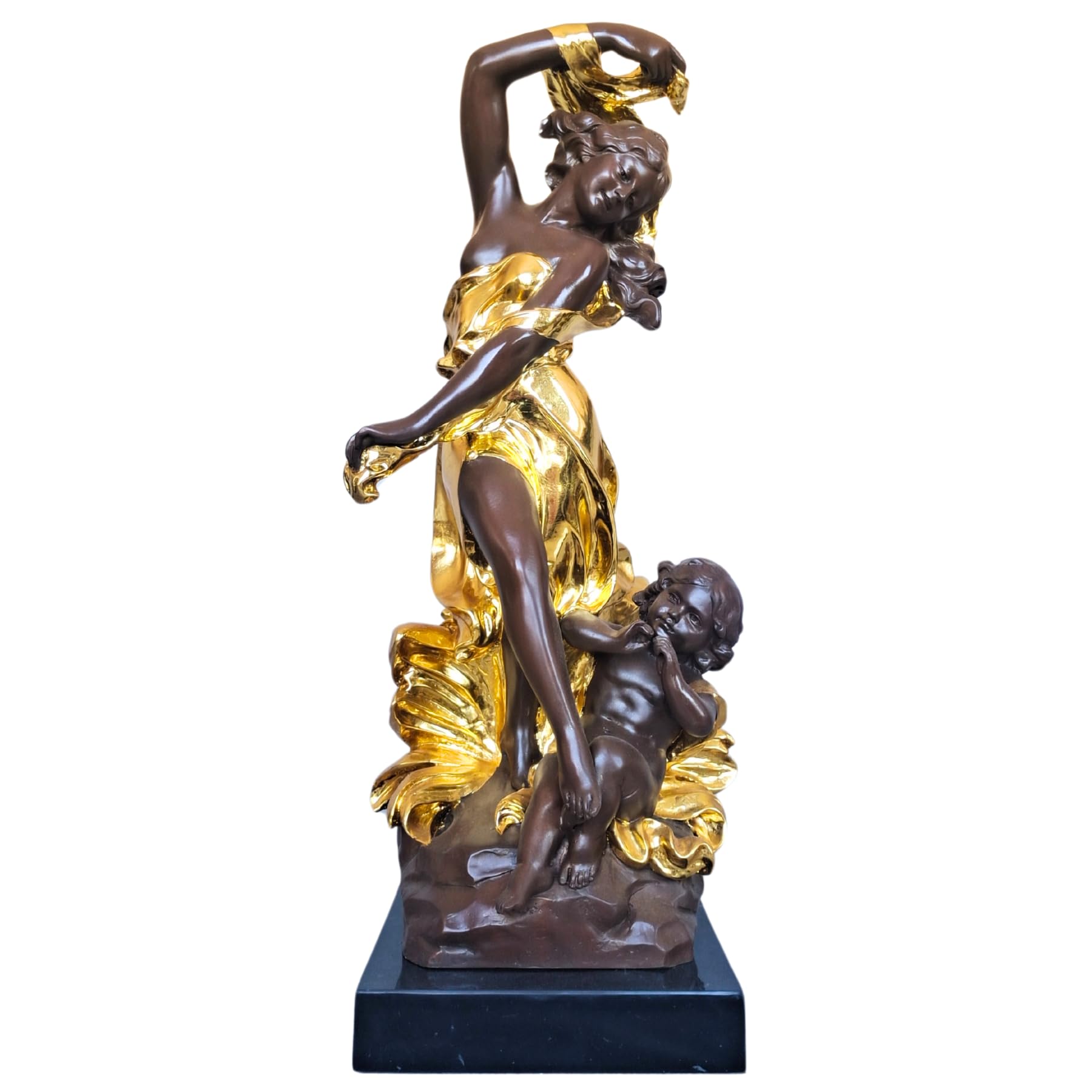 Auguste Moreau style bronze mother and baby angel sculpture gold brown dual patina full view