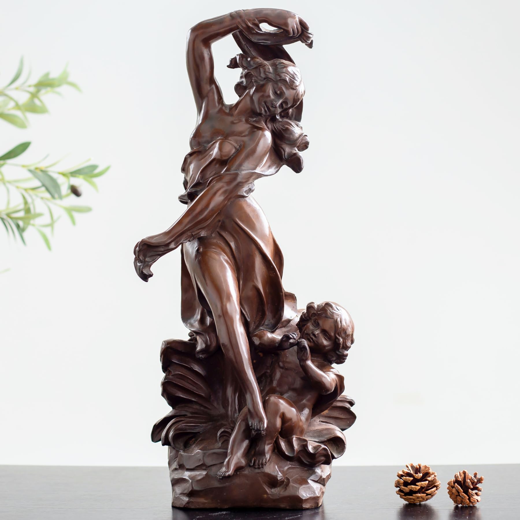 Auguste Moreau bronze mother baby angel mini scale version beside plants display