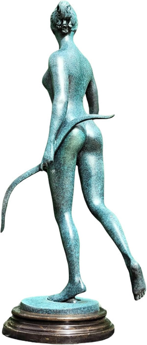 Back right angle view of large azure bronze Greek goddess Artemis sculpture