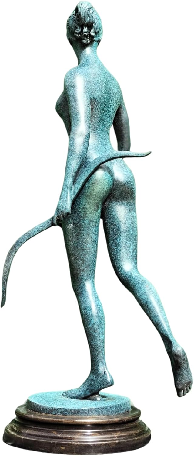 Back right angle view of large azure bronze Greek goddess Artemis sculpture