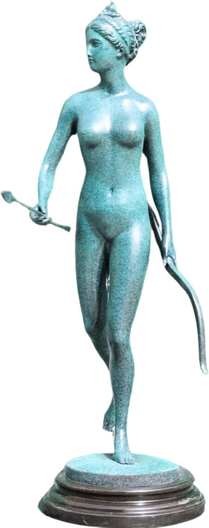 Left side view of azure bronze Greek goddess Artemis statue holding bow