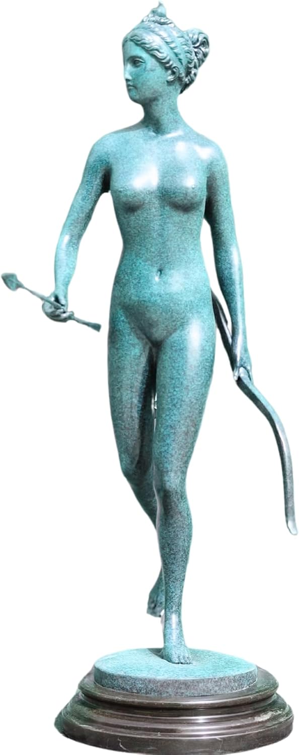 Left side view of azure bronze Greek goddess Artemis statue holding bow