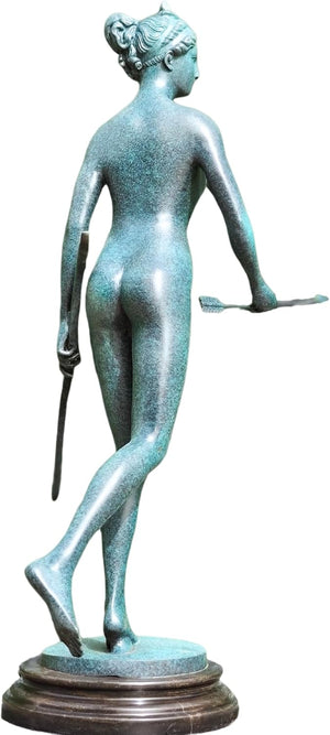Right side profile of 29-inch azure bronze Artemis goddess of the hunt statue
