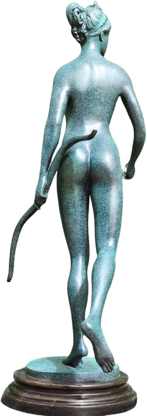 Back view of azure bronze Artemis huntress statue with bow on round wood base