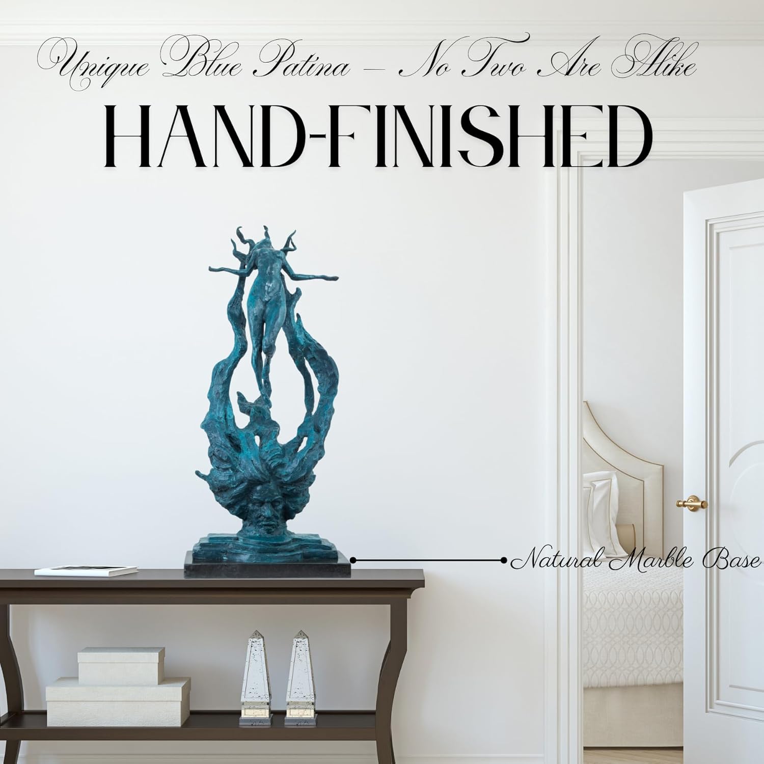 Hand-finished blue patina details on Beethoven Rhapsody bronze statue
