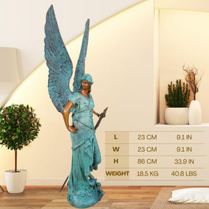 Verdigris blue Bellona winged goddess bronze statue displayed in elegant indoor setting