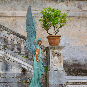 Verdigris blue Bellona bronze sculpture size scale comparison with person showing 31-inch height