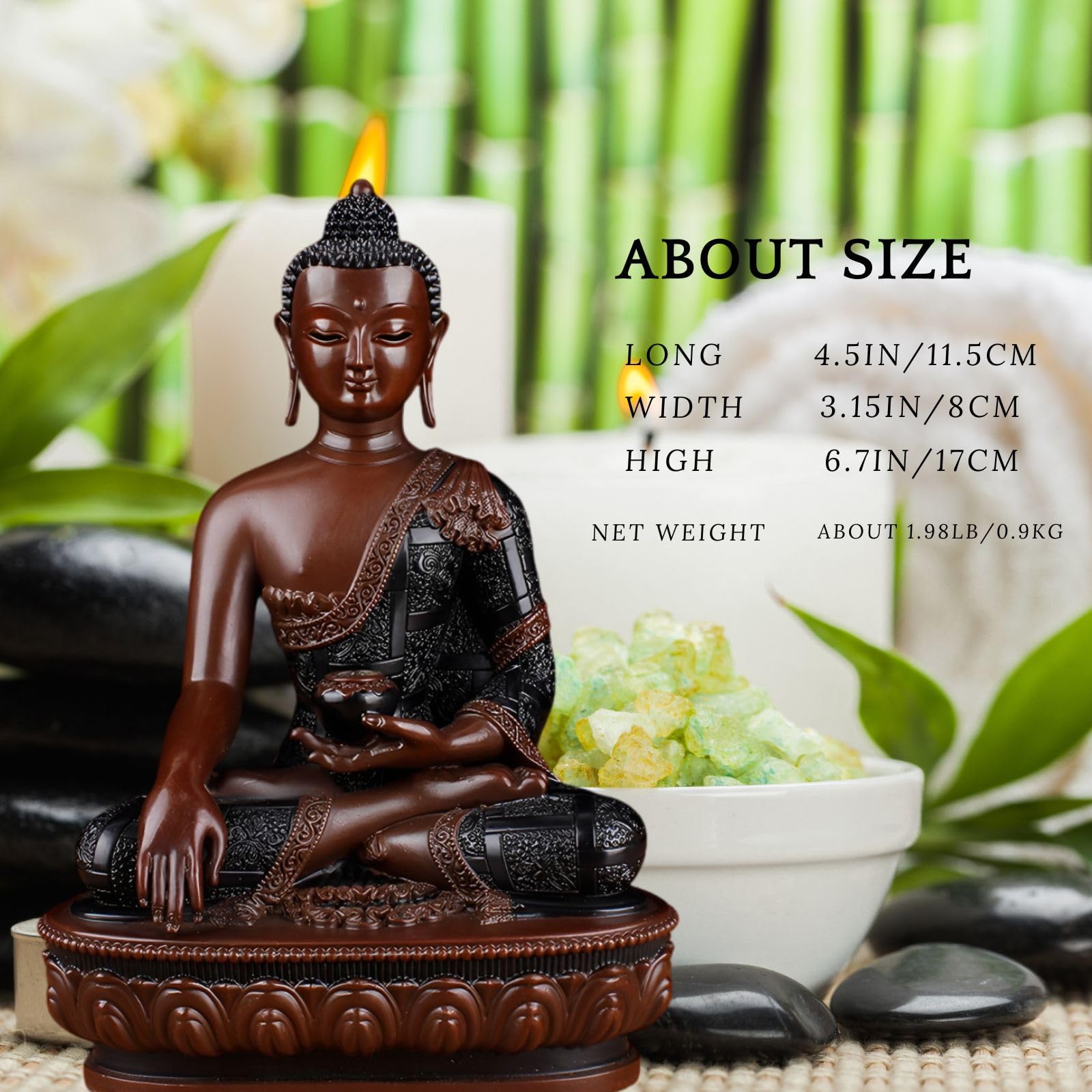 Bhumisparsha Buddha copper statue size chart showing available dimensions and weight specifications