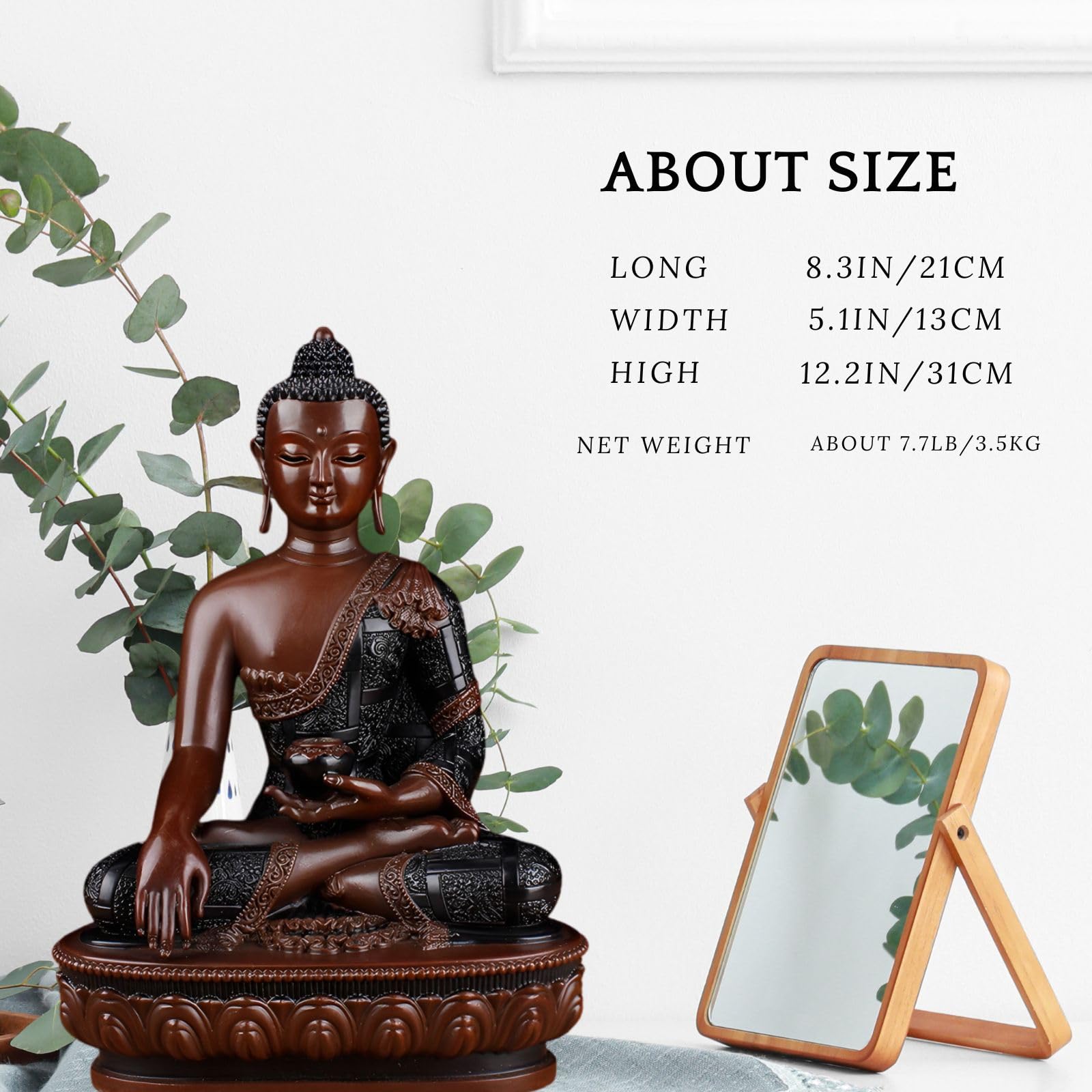 Bhumisparsha Buddha red copper statues in three sizes displayed together on desk with blue background