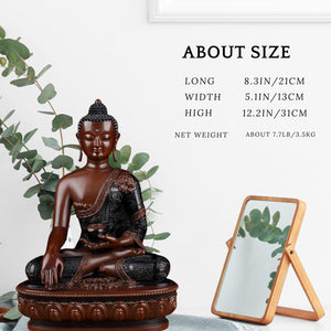 Bhumisparsha Buddha red copper statues in three sizes displayed together on desk with blue background