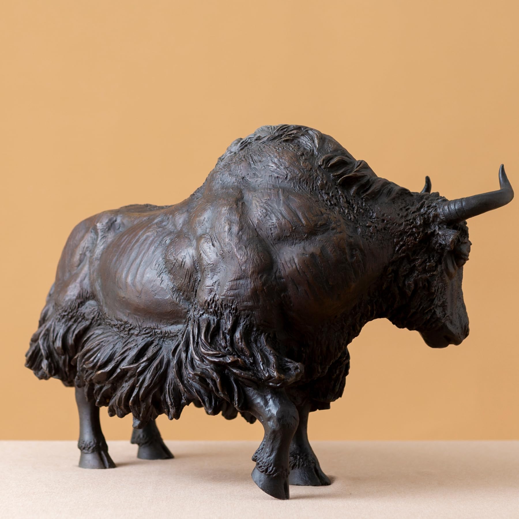 Close-up of the Giant black bison head and curved horns.