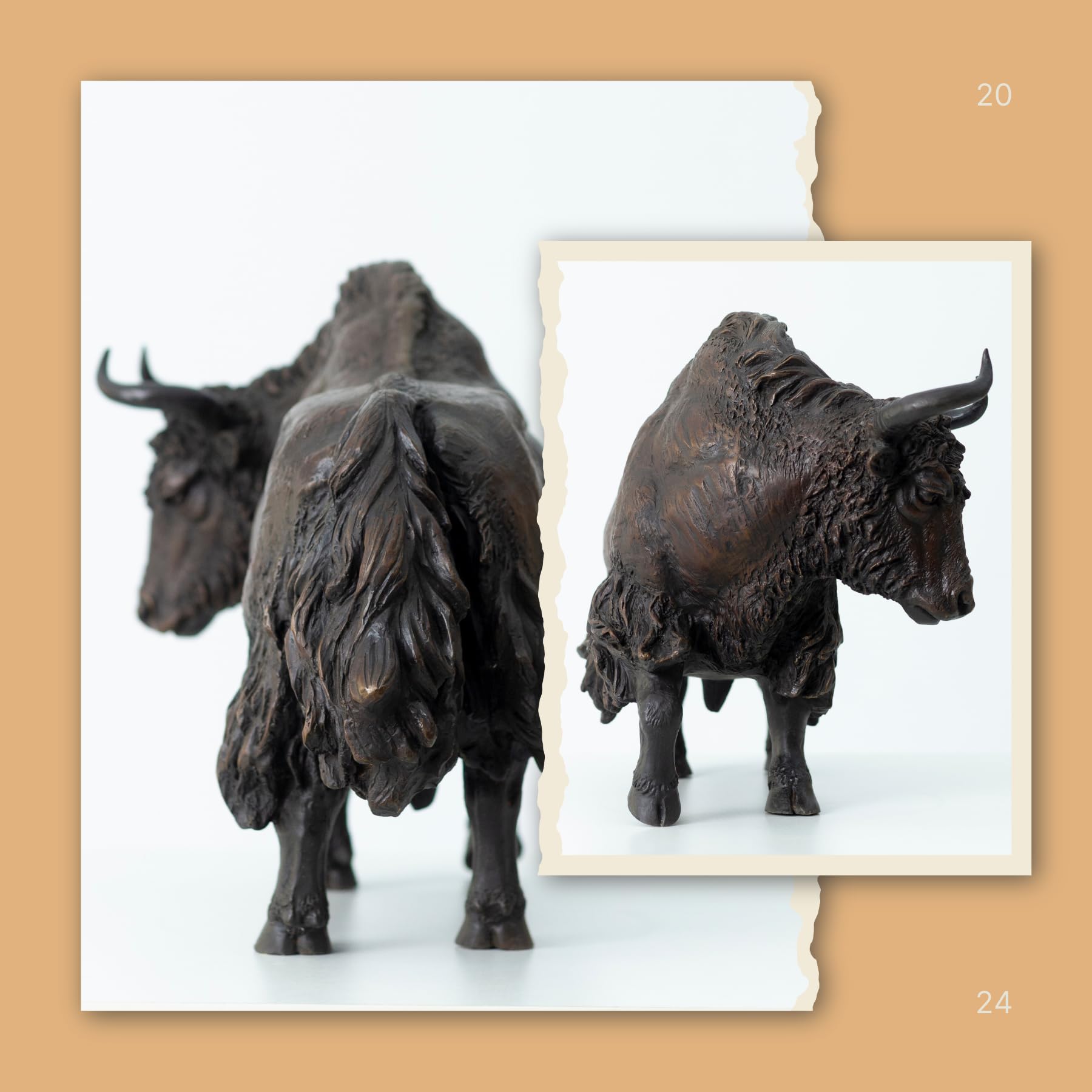 Giant black bronze bison art in a luxury gallery setting.