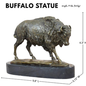 Legacy bronze buffalo statue on black marble, side profile.