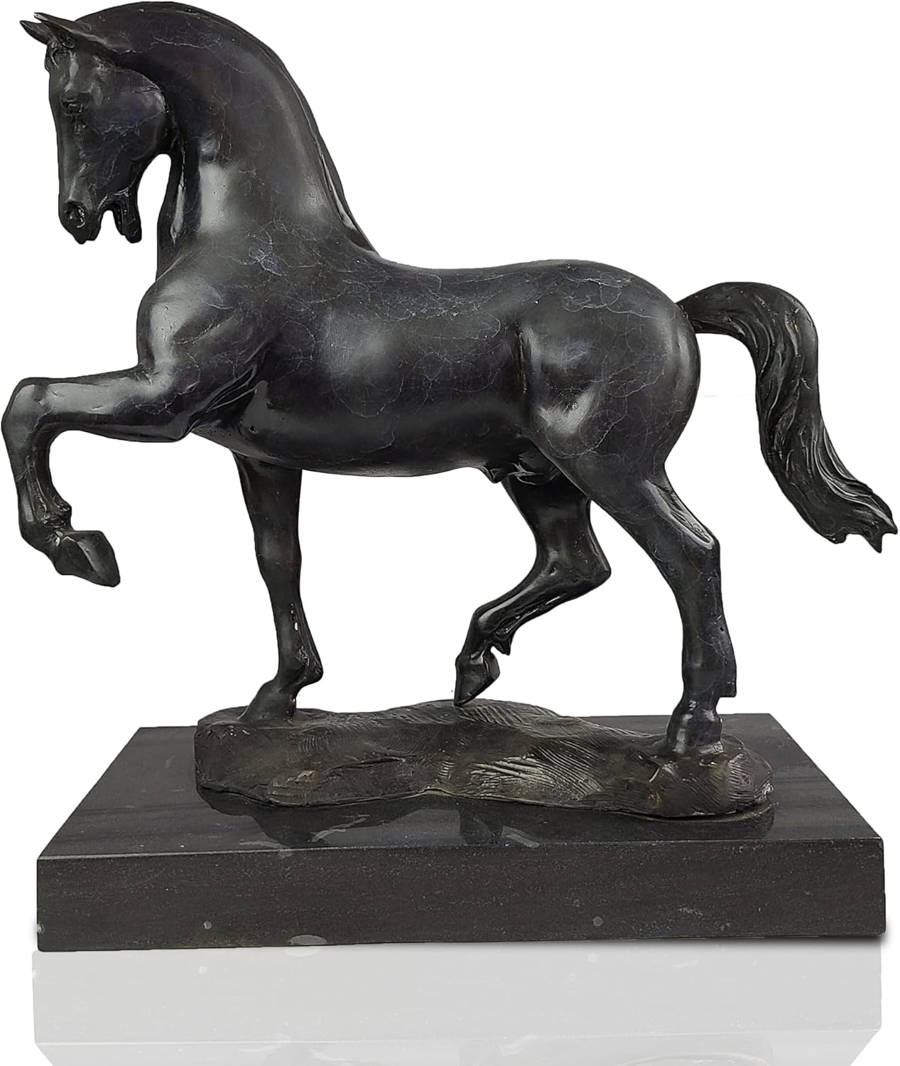 16.5-inch black bronze striding stallion statue on marble base, side front view showing raised front leg