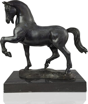 16.5-inch black bronze striding stallion statue on marble base, side front view showing raised front leg