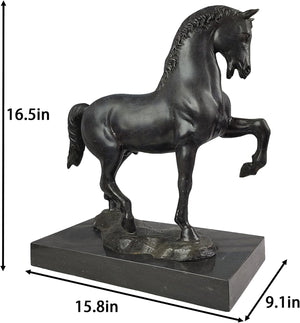 Black bronze striding stallion statue size dimension reference chart showing 16.5 x 15.8 x 9.1 inch measurements