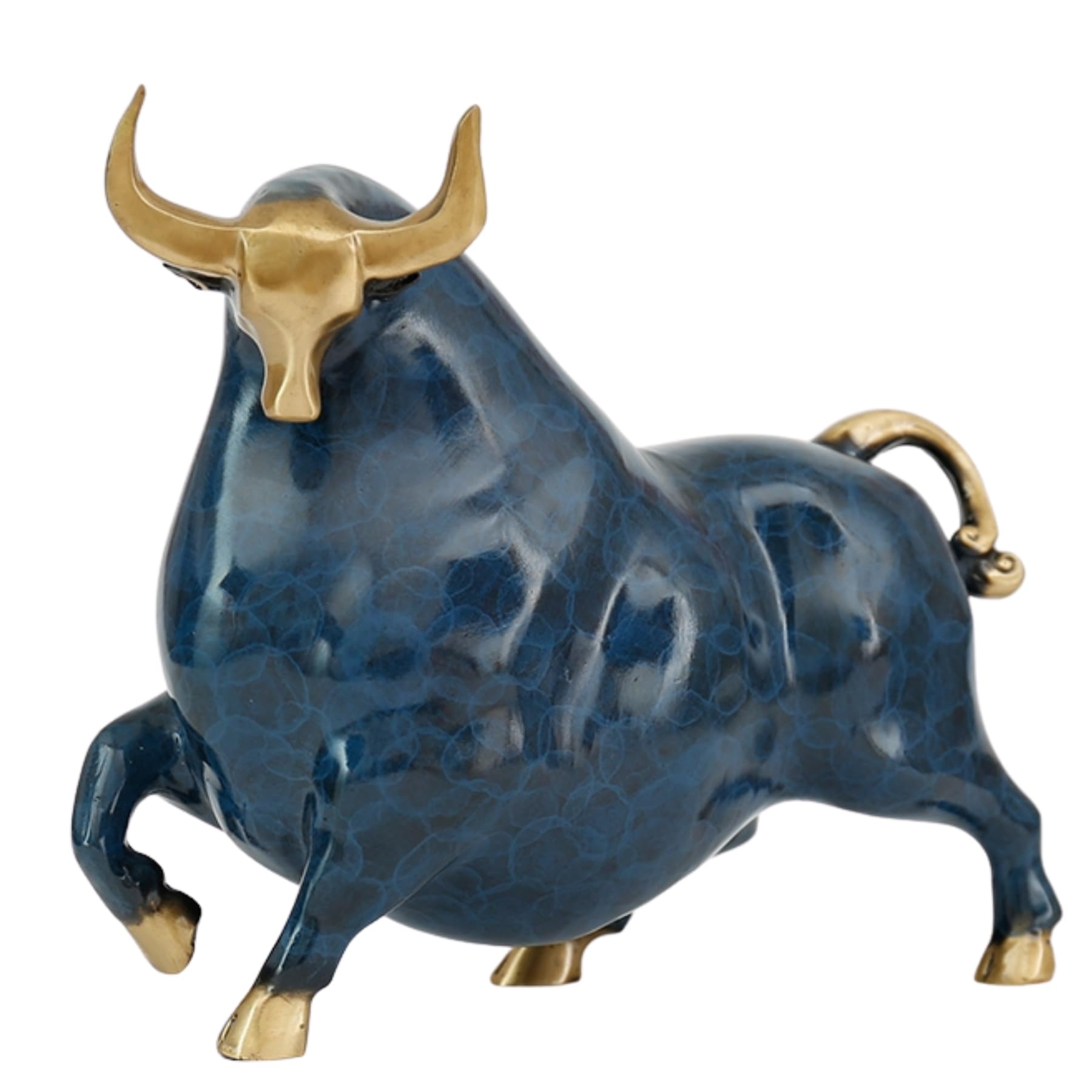 Handcrafted blue enamel bull figurine with polished brass horns and hooves.