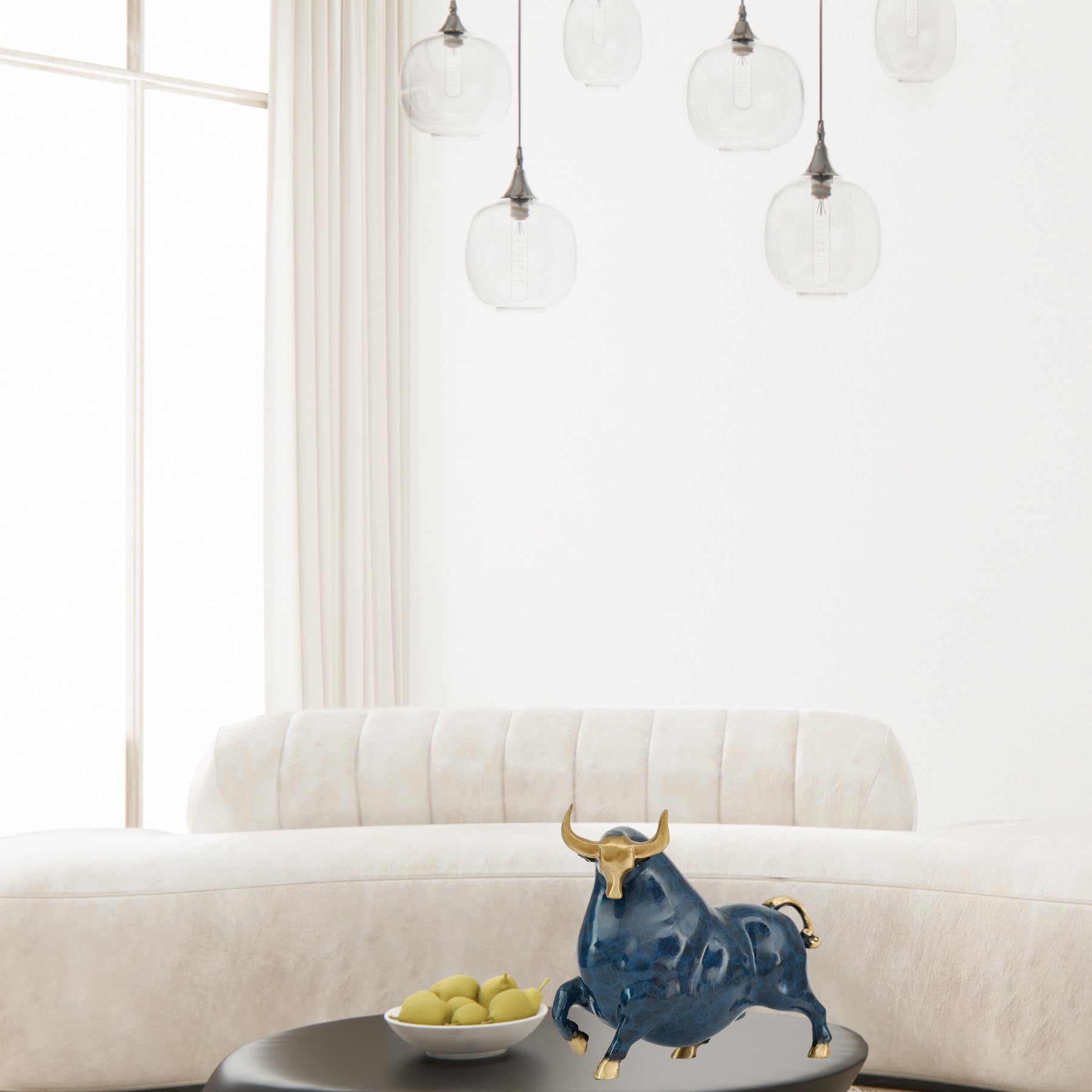 Decorative blue brass bull figurine for executive desk or home study.