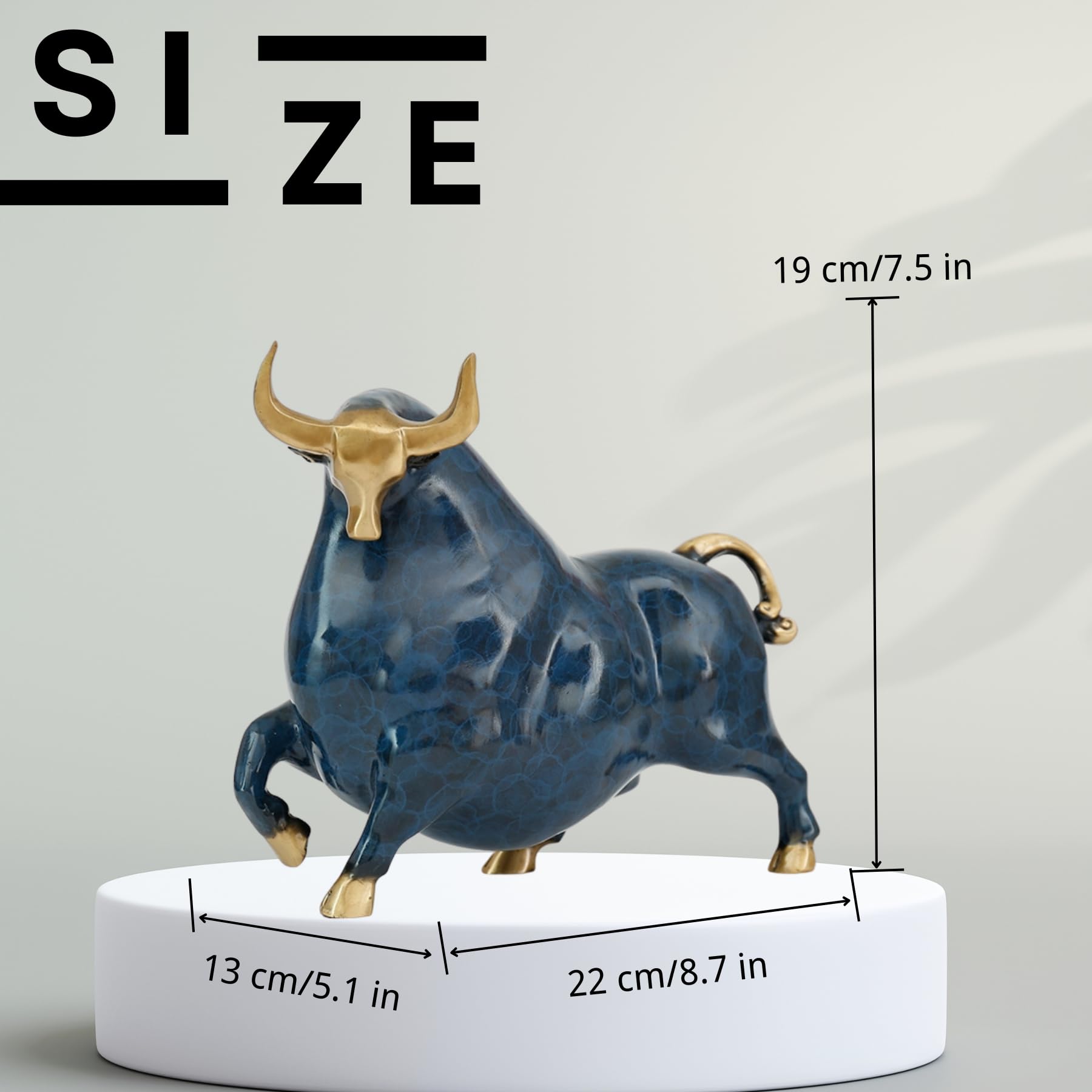 Side profile of the modern abstract blue enamel brass charging bull.