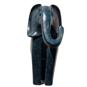 Front view detail of blue patina bronze elephant statue showing curled trunk and modern abstract texture