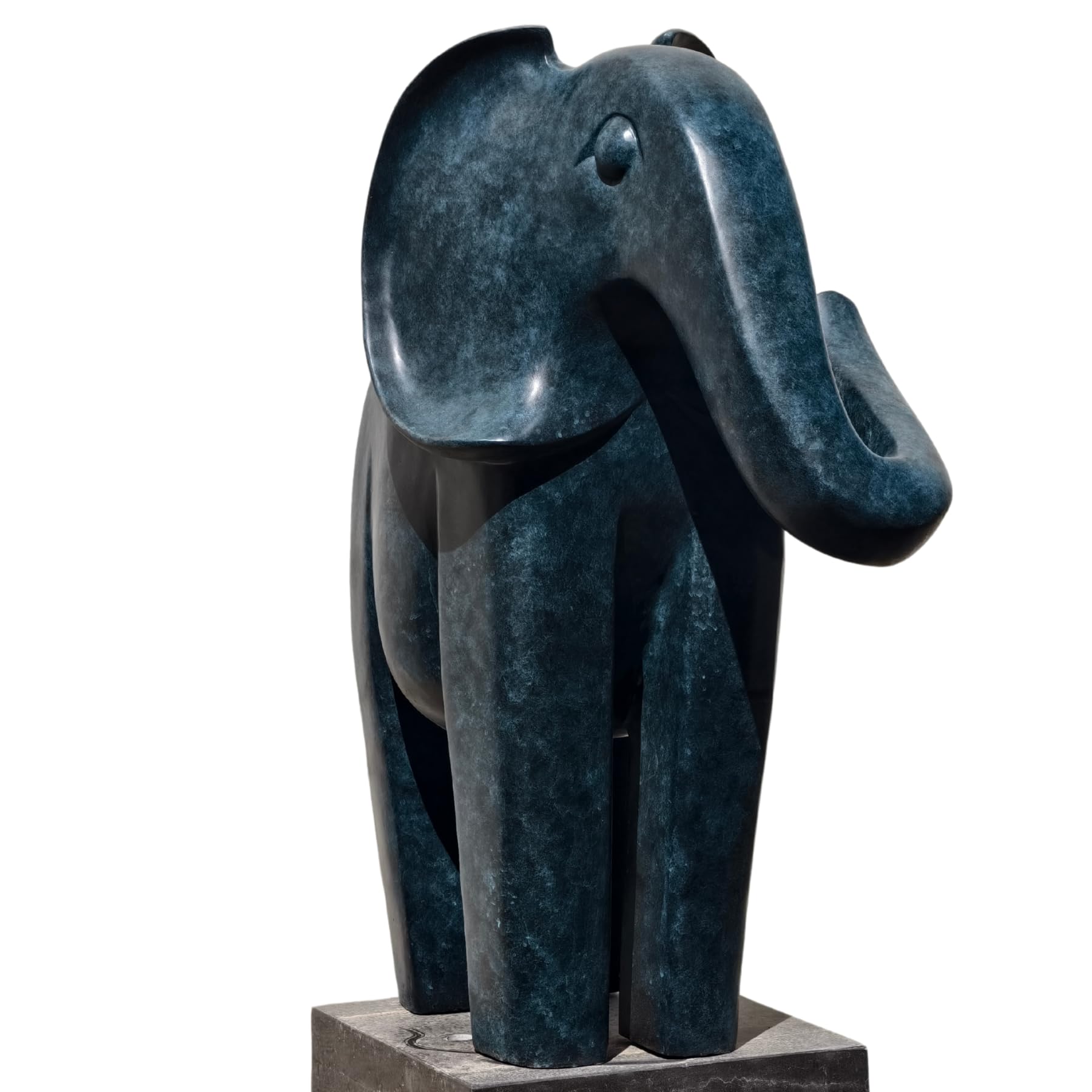 Close-up of blue patina bronze elephant statue showing detailed head, tusks, and abstract trunk sculpting