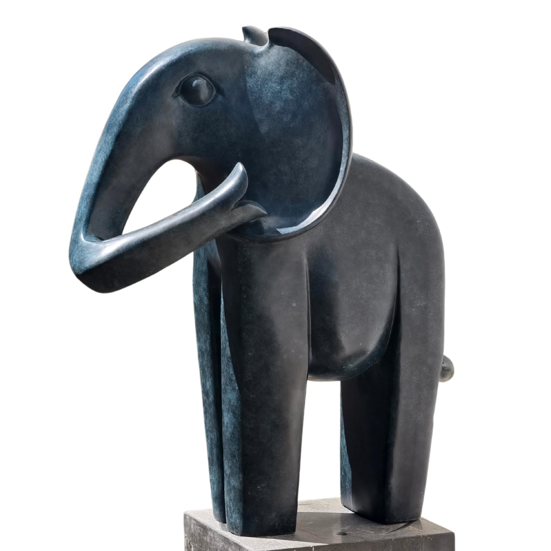 Blue patina bronze elephant statue right side view displaying full geometric body profile on base