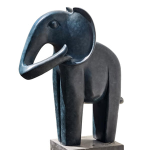 Blue patina bronze elephant statue right side view displaying full geometric body profile on base