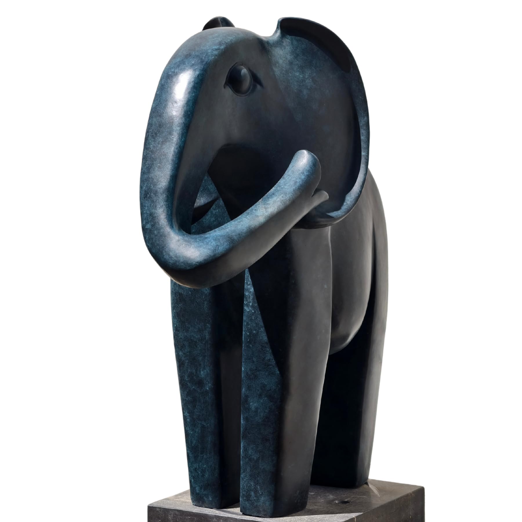 Blue patina bronze elephant statue three-quarter front angle showing trunk curve and modern design