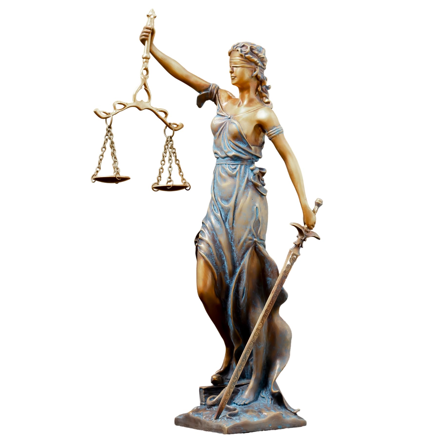 11-inch blue teal Lady Justice Themis statue front full body view on white background