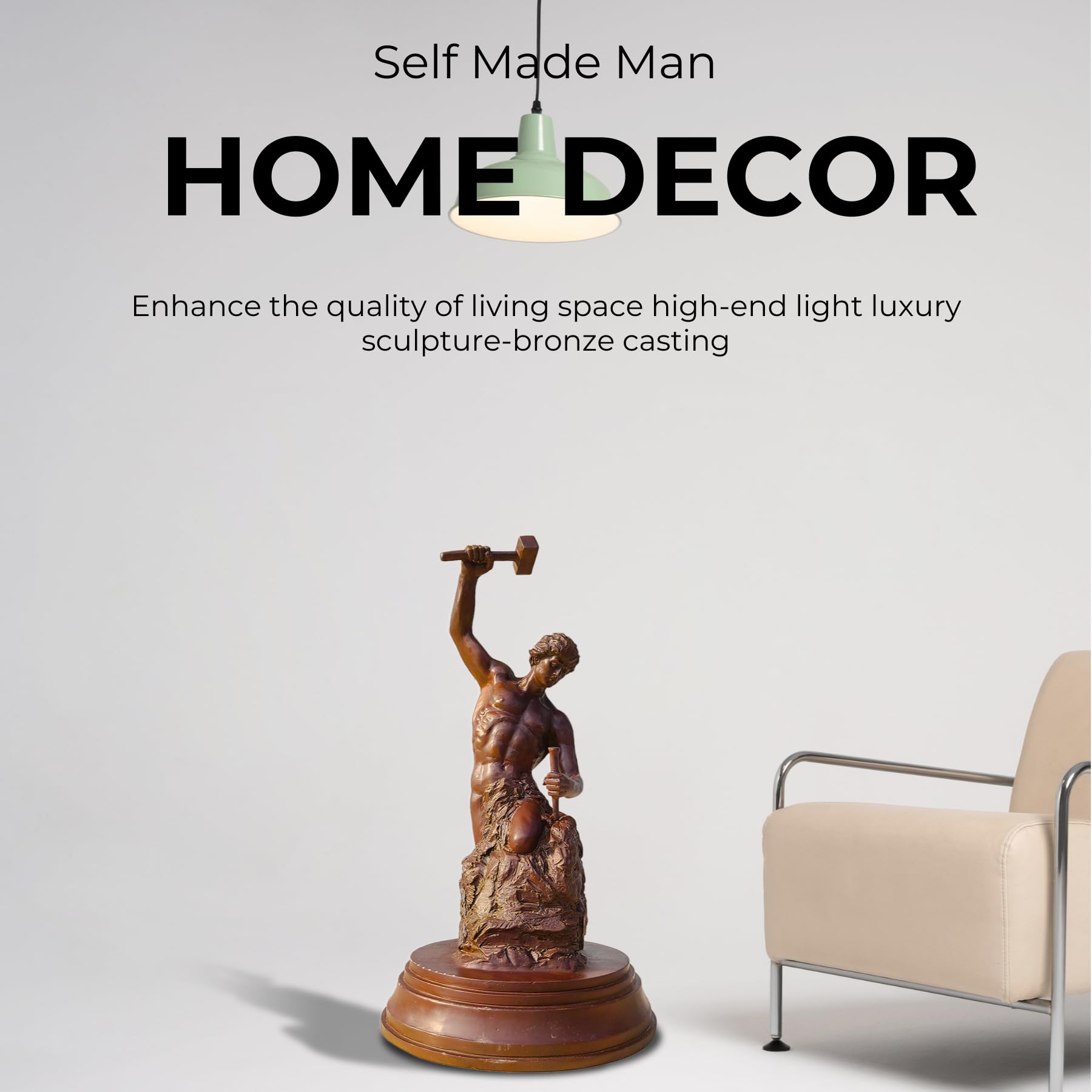 Pure bronze material detail of Bobbie Carlyle Self-Made Man statue beside fireplace setting