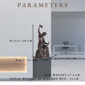 Self-Made Man bronze statue parameters showing height width and net weight specifications