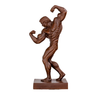 24-inch bodybuilder bronze sculpture in side-twist vacuum pose, front view, dark brown patina
