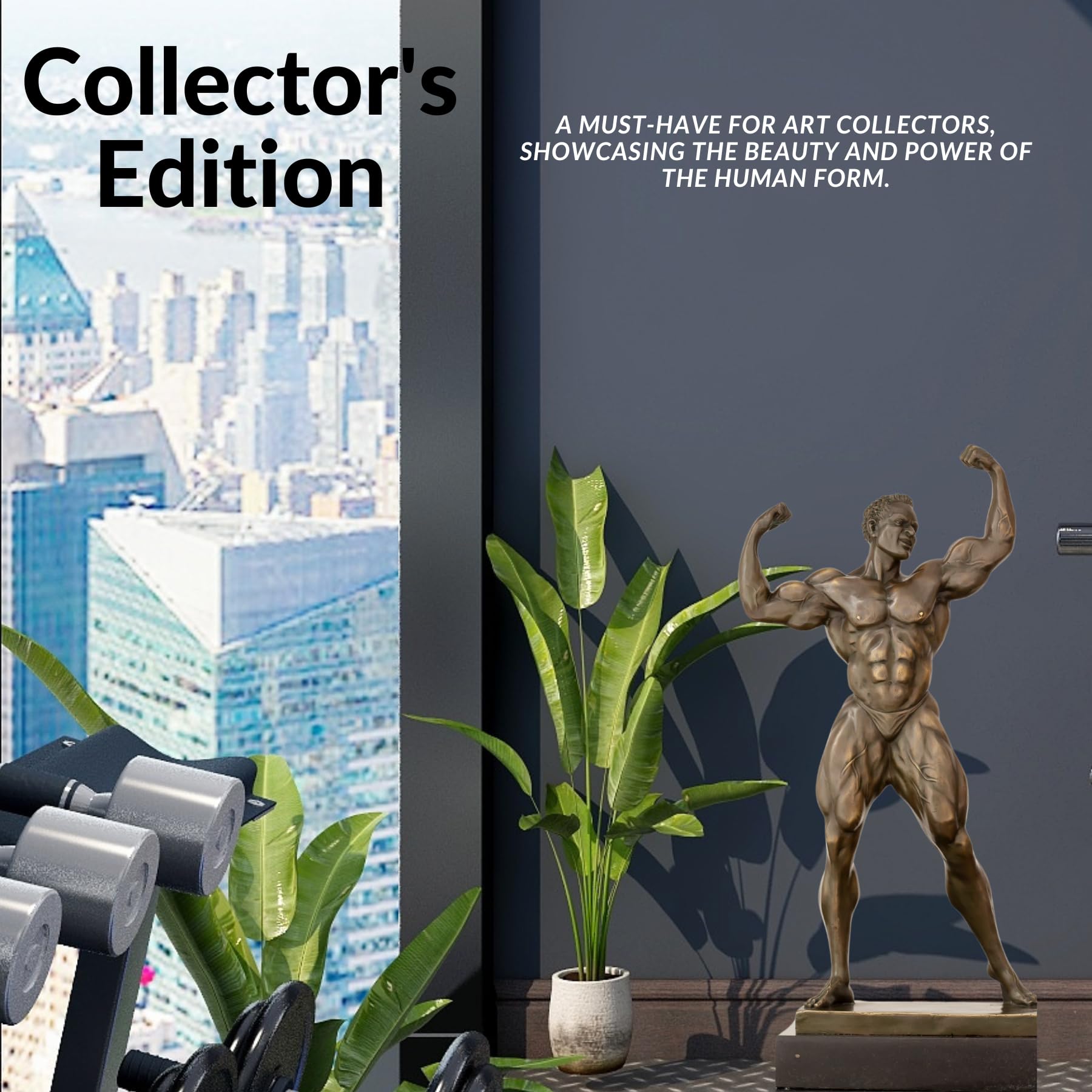 Collectors edition bronze bodybuilder double biceps sculpture displayed in luxury setting