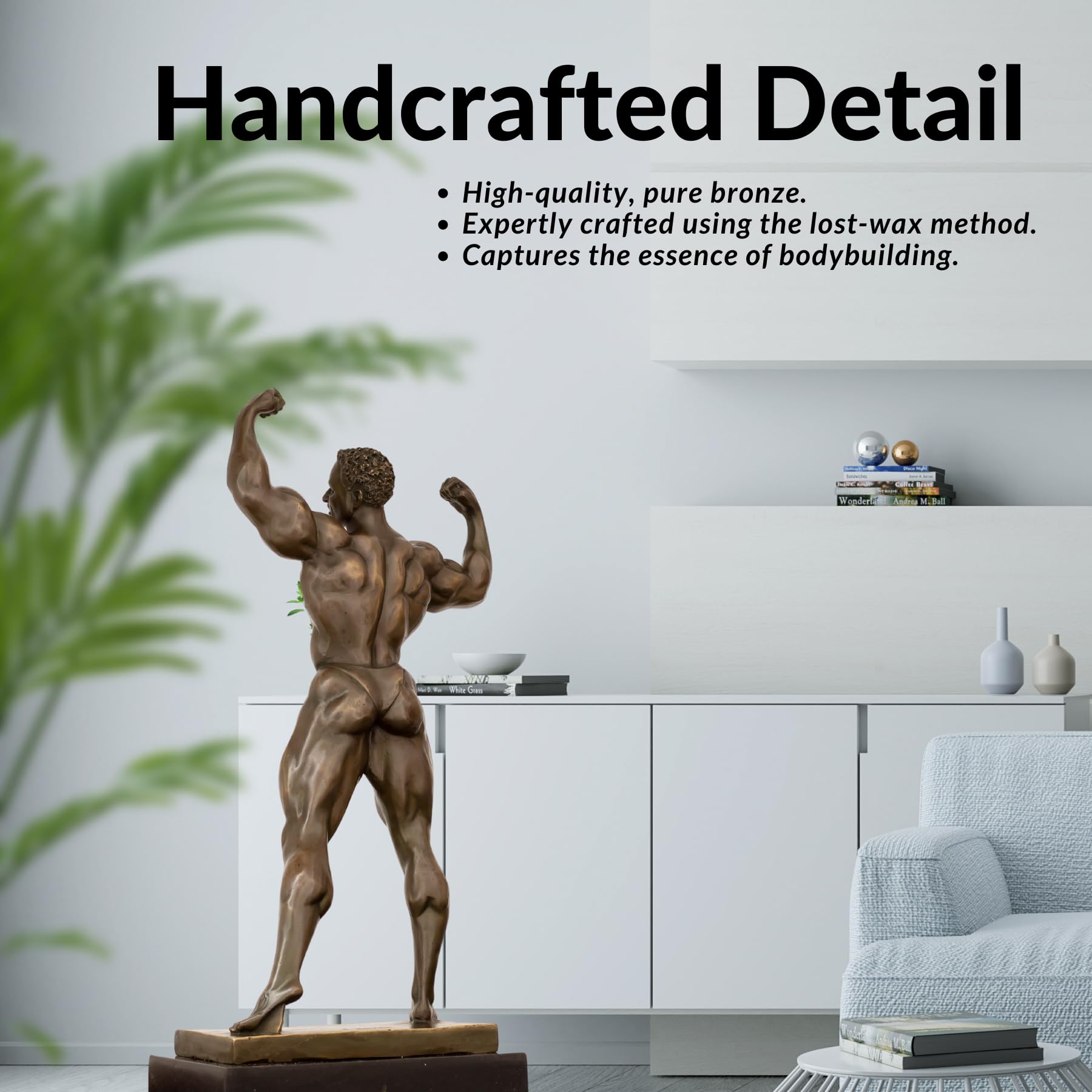 Handcrafted detail of bronze bodybuilder double biceps statue showing muscle definition and patina finish