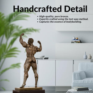 Handcrafted detail of bronze bodybuilder double biceps statue showing muscle definition and patina finish