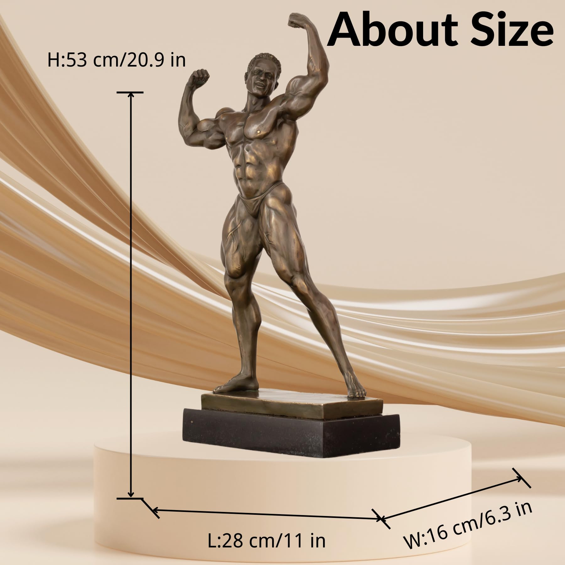 Bronze bodybuilder double biceps statue size chart showing 53cm height and 19lbs weight