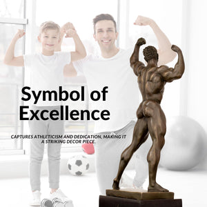 Bronze bodybuilder double biceps statue as symbol of excellence with fitness athletes for scale