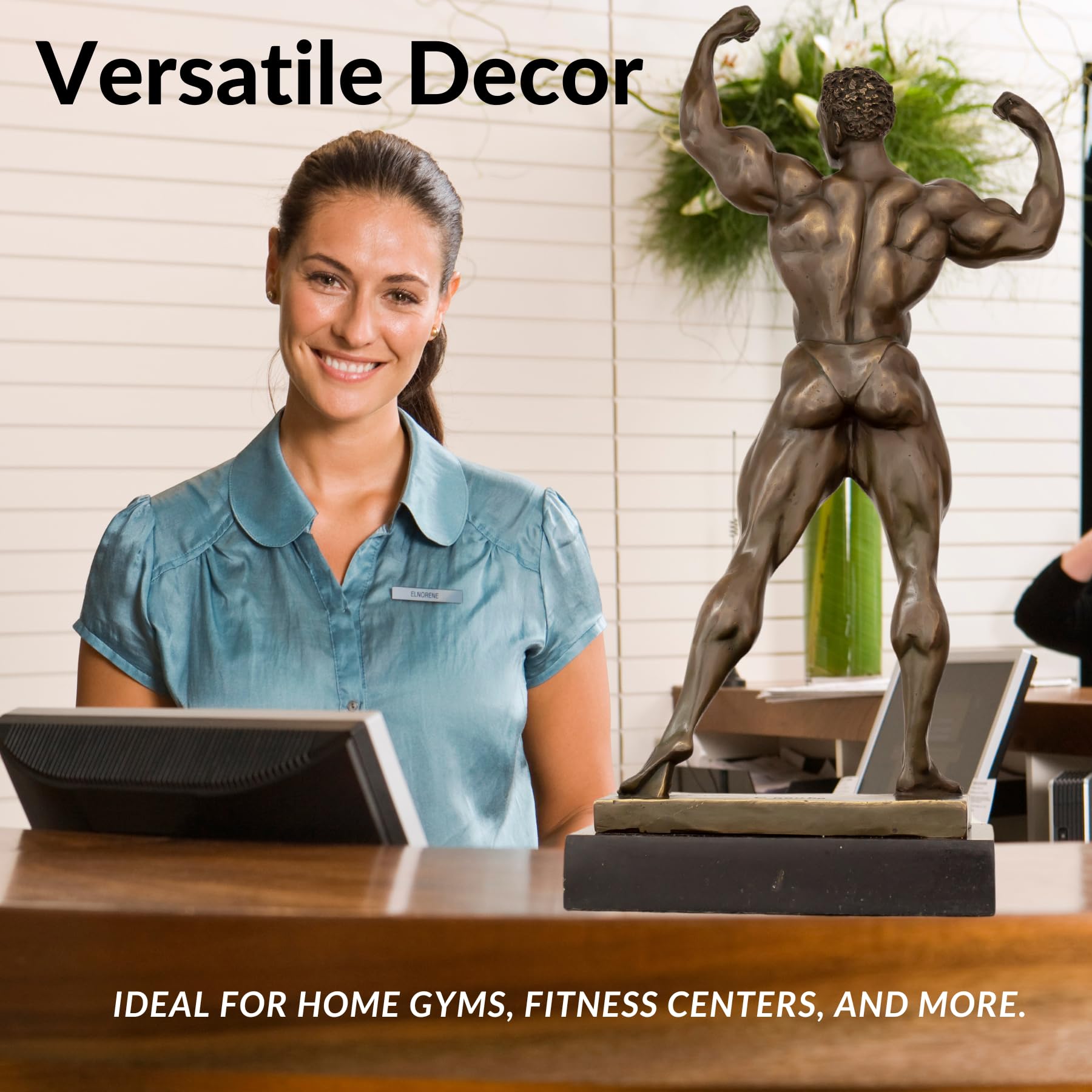 Bronze bodybuilder double biceps sculpture as versatile décor for gyms, fitness centers and offices