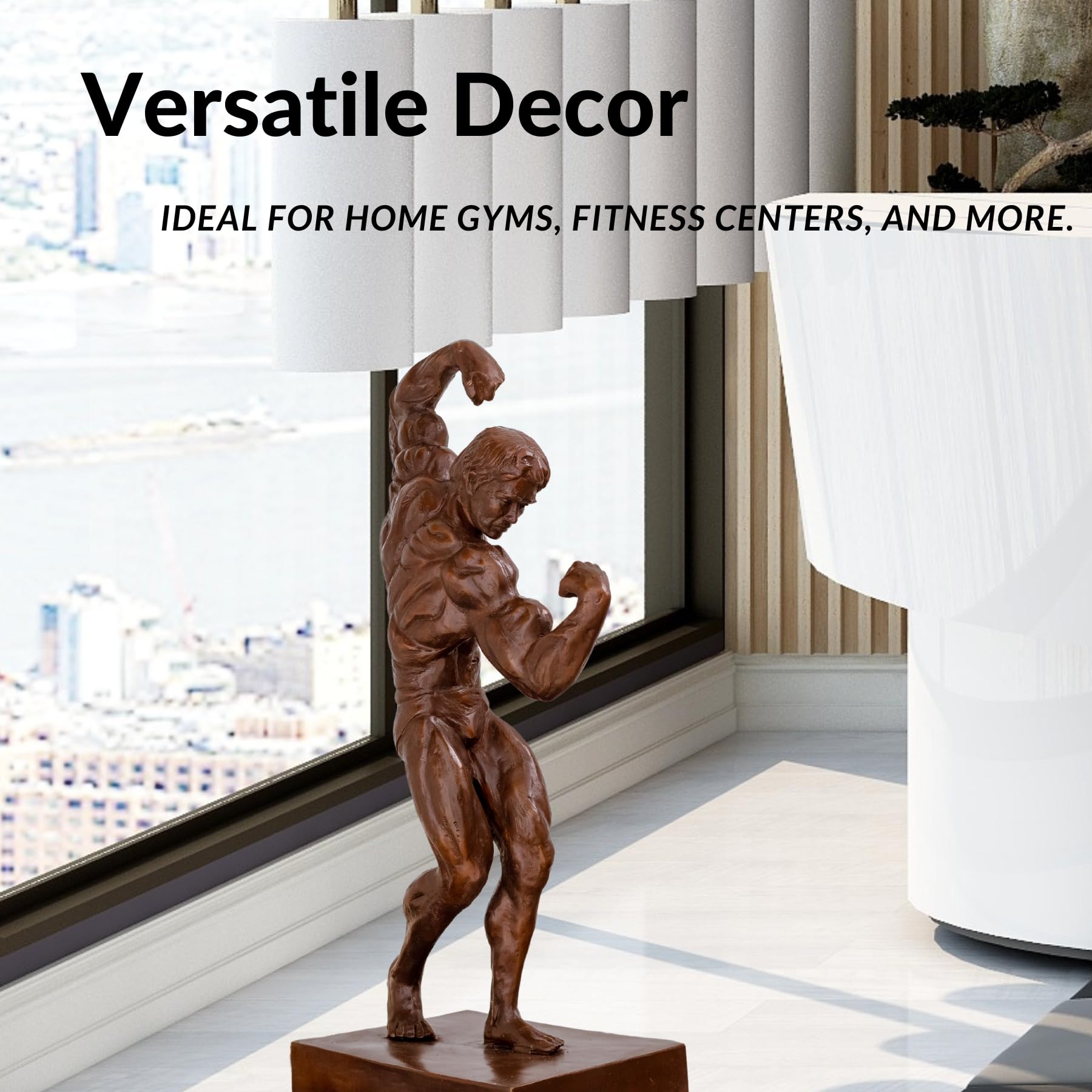 Bodybuilder bronze sculpture as versatile décor piece in home, office, gym and store settings